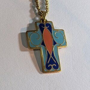 Enameled Cross Christian Pendant Necklace Gold Plate Chain 18" Long